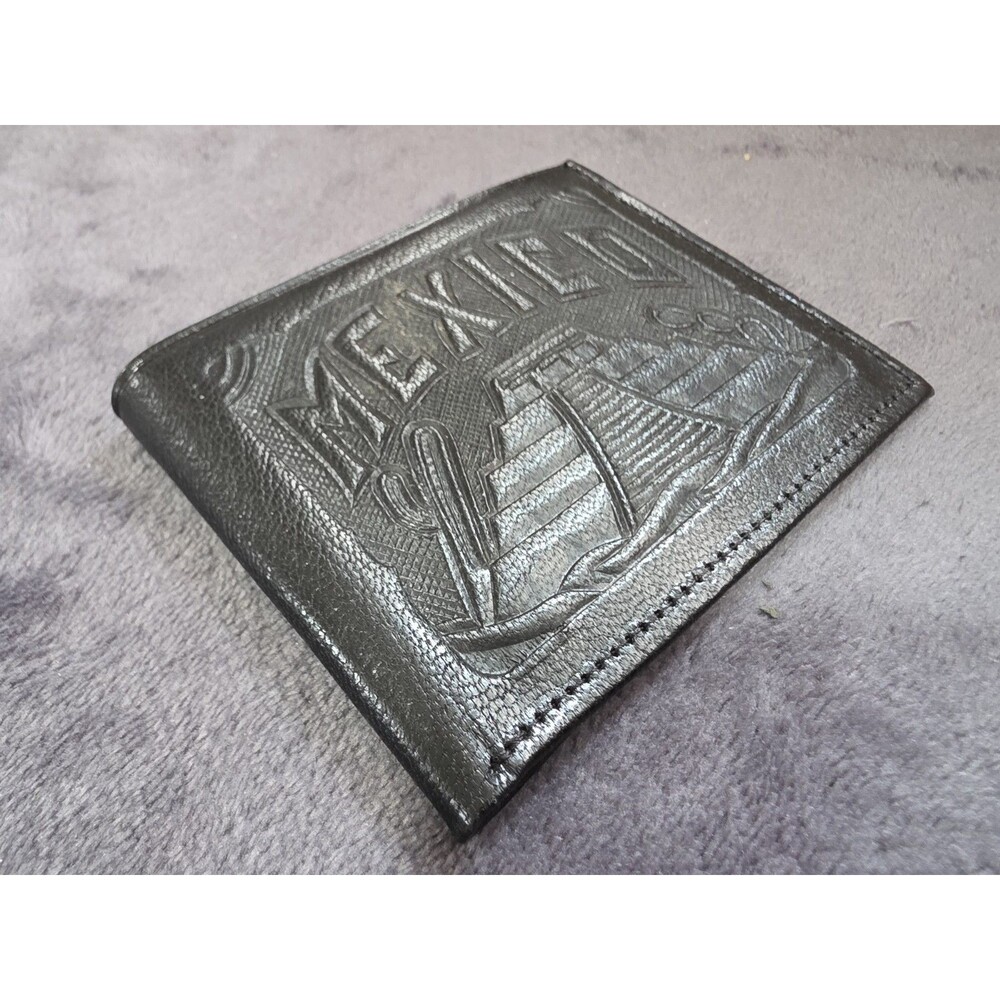 VINTAGE Mexican Embossed WALLET Black Hand-Tooled LEATHER Rare Pocket EuC